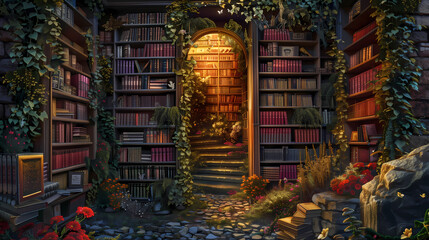 Fototapeta premium enchanted library, cherry red books, butter yellow lighting, aura indigo shadows, dill green vines creeping in, alpine oat stone