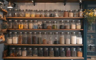 A beautifully arranged shelf of glass jars filled with various ingredients, showcasing a variety of grains, spices, and snacks.