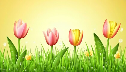 Spring background with green grass, leaves, and flowers at the bottom of the picture, a green gradient in the middle, and a light yellow color at the top. The background is a simple.