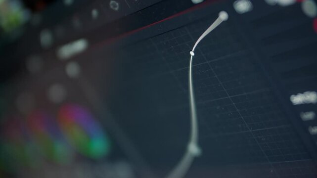 Curve node. Close up: screen monitor is a program for color correction of video and media. Color grading and editing in software. Tools for changing shade in the form of curved lines. cinematic movie