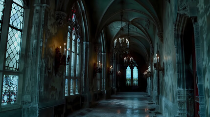 Fototapeta premium gothic castle hallway, cherry red stained glass, butter yellow candlelight, aura indigo shadows, dill green moss, alpine oat walls