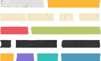 Adhesive tape, sticky paper stripes. Colorful stripes and pieces of duct paper, scotch or Washi paper. Transparent duct tape in different shapes. Vector