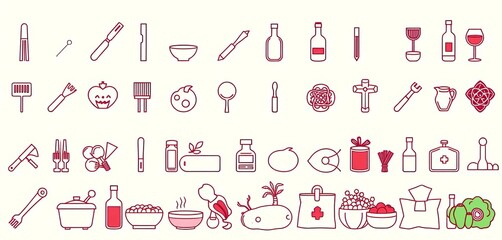 A diverse collection of line icons representing cooking tools, restaurant & cafe food, winery items, supermarket groceries, religious & holiday symbols, star, food