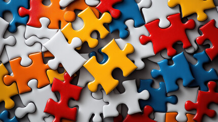 Colorful jigsaw puzzle pieces scattered on a flat surface