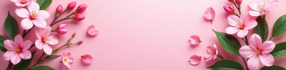 Fototapeta premium Pink blossoms and tropical foliage create a summery scene Pastel pink backdrop, overhead view , green, summer