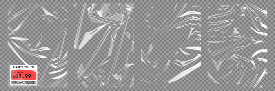 Transparent plastic film texture. Stretchable polyethylene film in A4 size. Plastic stretch cellophane effect with a crumpled and wrinkled texture. Realistic wrapping stretch film. Vector