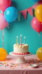 Festive birthday table setting, colorful cake, balloons , confetti, festive, delicious
