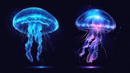 Two vibrant jellyfish, one blue and the other purple, with glowing tentacles in a dark space