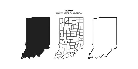 Indiana state silhouette, line style. America illustration, American vector outline isolated on white background