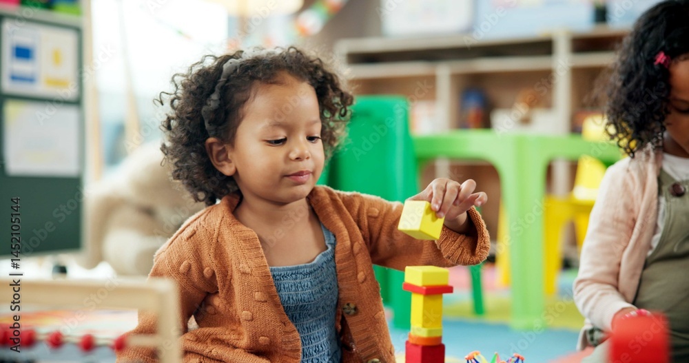 Poster Education, girl and playing with building blocks in classroom for creative activity, motor development and learning. Child student, kindergarten and stack toys for problem solving and coordination