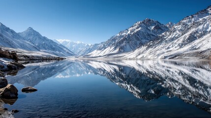 Serene Winter Landscape with Snow-Capped Mountains and Reflection