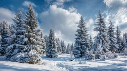 Snowy Winter Landscape with Tall Evergreen Trees and Blue Sky