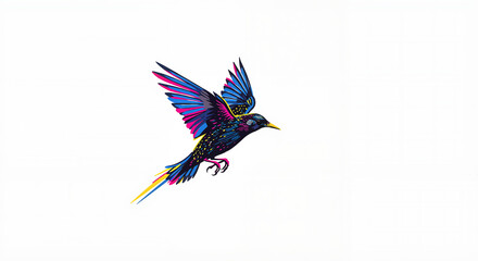 Colorful starling flying against a white background  