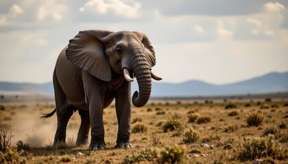 Fototapeta premium Majestic African Elephant Walking in Savannah Grassland under Cloudy Sky
