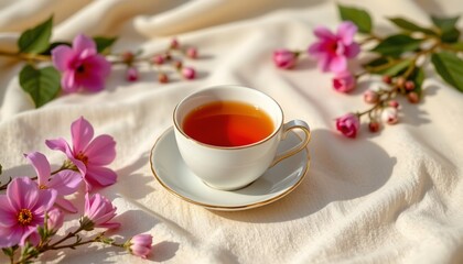 Fototapeta premium A Cup of Tea with Delicate Pink Flowers on a Soft Fabric Background