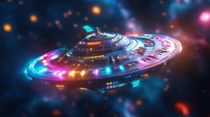 Obraz premium A vibrant, futuristic UFO floats in a colorful, star-filled cosmic landscape.