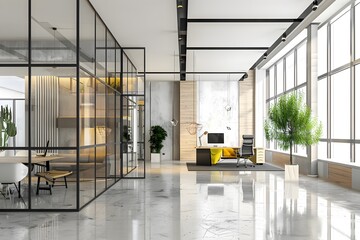 Modern Office Design: Glass Partitions, Marble Floors, and Natural Light Enhance Productivity and Style in a Contemporary Workspace featuring Open Plan Layout with Natural Wood Accents,  Creating a Se