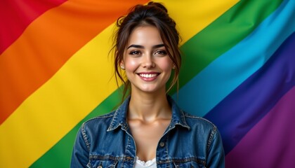 Happy young woman smiling against a vibrant rainbow LGBTQIA pride flag background