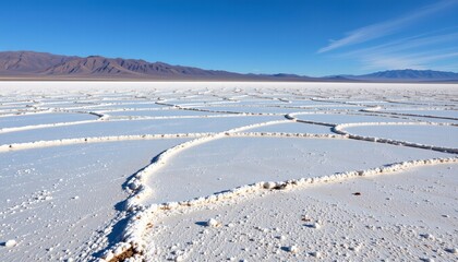 Scenic Salt Flats Landscape with Mountain Range Background under Bright Sunny Sky