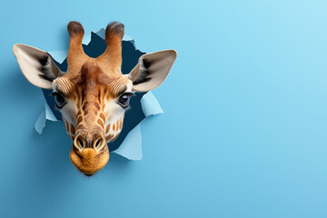 Obraz premium Giraffe peeking through a blue wall creating a whimsical effect
