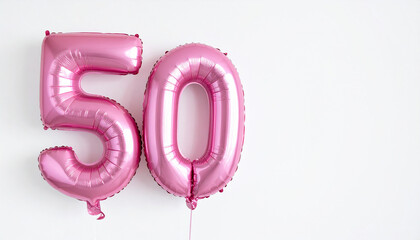 Banner with number 50 pink balloon on white backdrop. Birthday anniversary celebration.