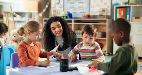 Drawing, education and teacher with children in classroom for learning, students and creative art....
