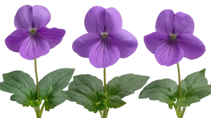 Three vibrant purple violets in full bloom, showcasing delicate petals against a dark contrasting background