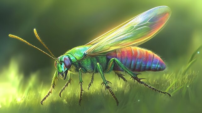 Vibrant iridescent green insect on grass, macro photography, detailed wings, colorful body, nature, wildlife, close-up