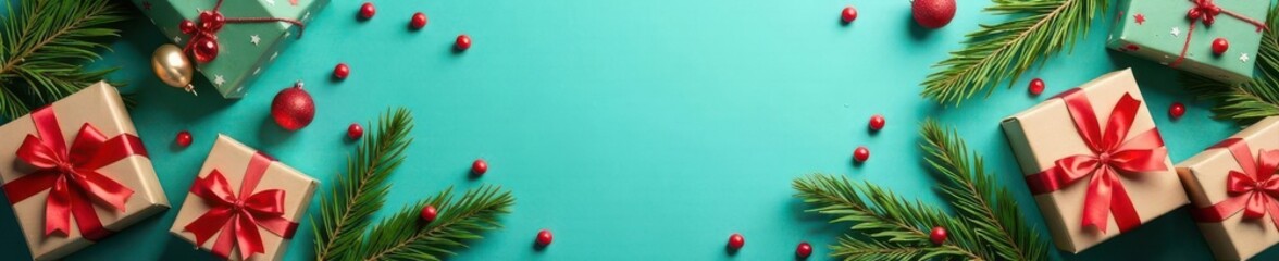 Vertical Christmas frame Gift boxes, paper ornaments, spruce, earth tones on turquoise , gifts, holiday