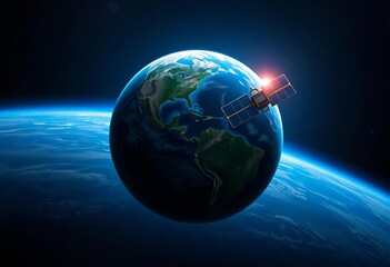 Naklejka premium A lone satellite orbits Earth, the blue planet a vibrant backdrop, satellite imagery, exploration