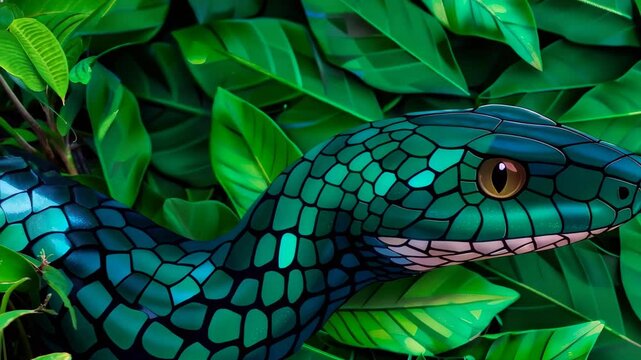 A striking green snake blending into lush tropical foliage, showcasing vivid scales and a keen eye. Perfect for nature and wildlife themes.