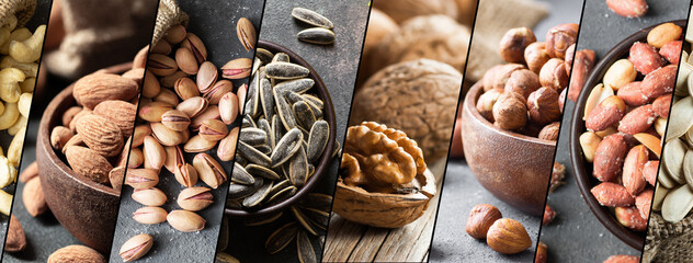 Mixed nuts concept, collage various nuts, hazelnut, walnut, cashew, almond, sunflower seeds, pistachio, dried fruits healthy food nut