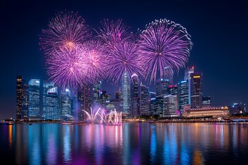Modern cityscape illuminated with bright lights, reflecting Singapore's vibrant national colors, set against a fireworks-filled night sky.