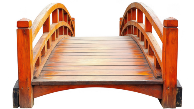 Elevated perspective of an orange wooden arched bridge over a void