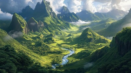 Obraz premium Lush green valley with river winding through mountain range, scenic view.