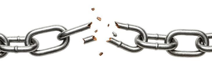 Obraz premium Broken metal chain with shattered link and fragments, isolated on a transparent background