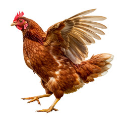 Fototapeta premium Flapping brown chicken with open wings in motion, isolated on a transparent background
