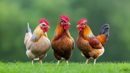Fototapeta premium Three colorful roosters walking on green grass in a rural setting