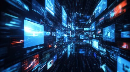 Abstract futuristic digital data network with blue screens and binary code.