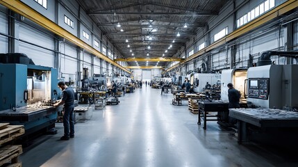 View of a large manufacturing facility with diverse machinery and employees busy with various tasks