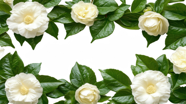 Elegant frame of white camellias and lush green leaves against black