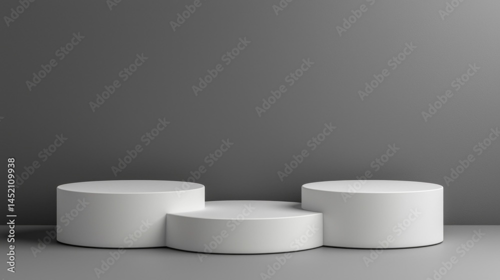 Aufkleber Three circular white podiums of varying heights are positioned on a sleek surface, creating a modern backdrop ideal for showcasing products in a sophisticated manner