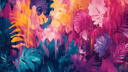 A painting of a tropical forest with many different colored leaves. The painting is full of bright colors and has a lively, energetic feel to it