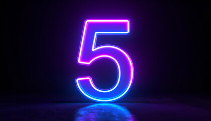 Image of glowing neon number 5 five, made from neon light. 3D rendering. Dark backdrop.
