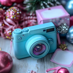 Stylish pastel blue camera sits among colorful ornaments and festive gifts, creating a cozy atmosphere perfect for capturing holiday memories