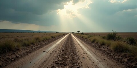 Fototapeta premium A solitary dirt road stretches towards a sunlit horizon, flanked by wild grasses under a dramatic sky
