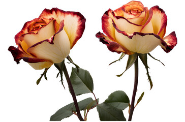  Two dark red and yellow striped roses isolated on transparent background png