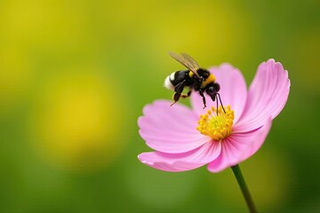 A fuzzy bumblebee gently lands on a delicate pink flower, collecting nectar in a serene natural setting