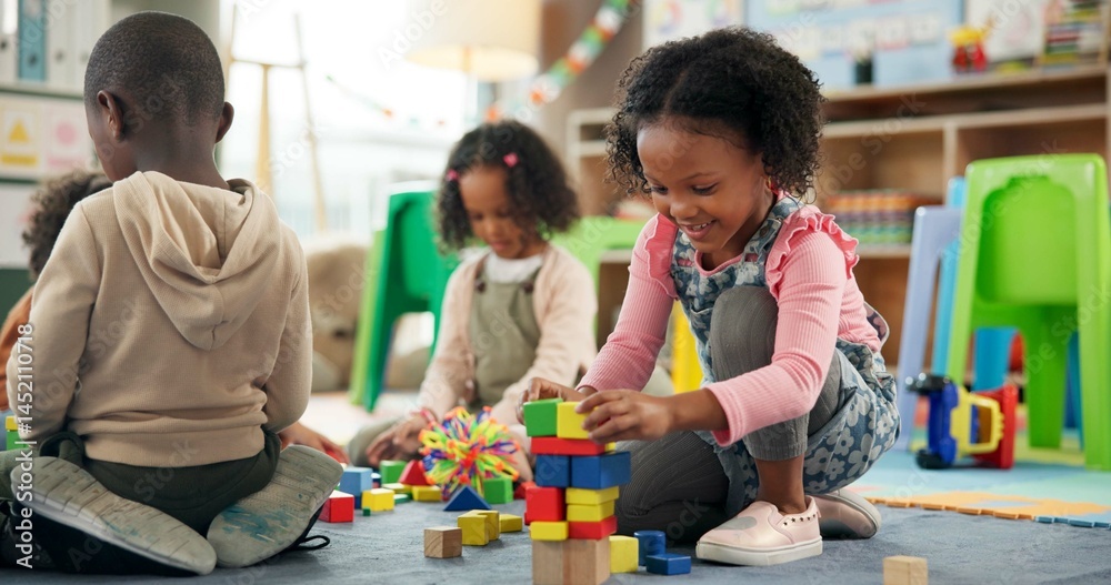 Poster Education, child and playing with building blocks in classroom for creative activity, development or learning. Happy, girl student or stack toys at kindergarten for gross motor skills or coordination