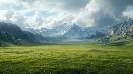 Fototapeta premium A vast, grassy valley stretches towards snow-capped mountains under a cloudy sky.